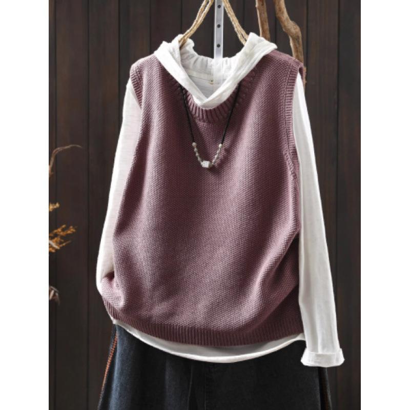 Women's Crew Neck Sleeveless Loose Fit Retro Knit Vest Loose Fit Layering Waistcoat