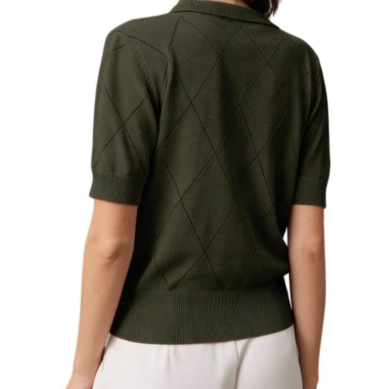 Women Summer Thin Knit Polo Collar Short Sleeve Slim Commute Top