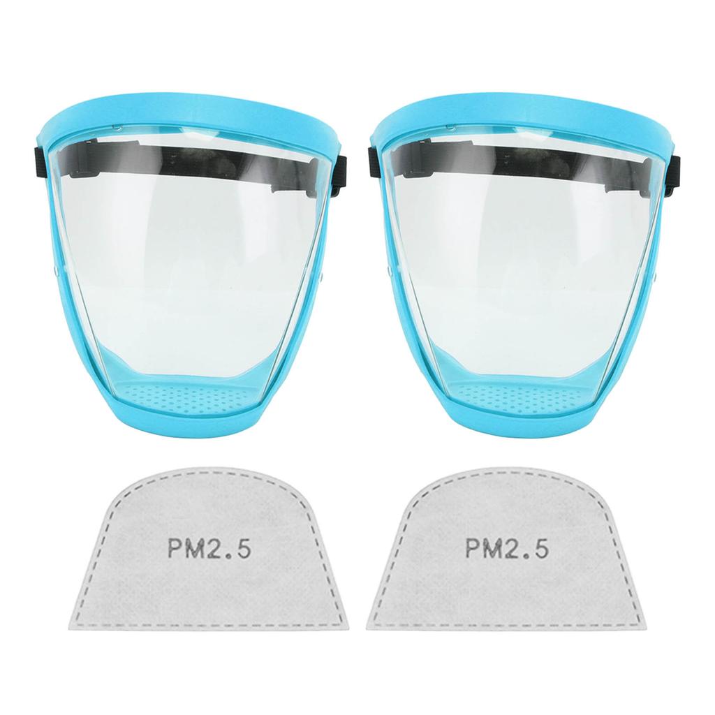 2pcs Protective Face Cover Dustproof Safety Elastic Belt Reusable Face Shield With Filter Cotton Pads Transparent Adult Blue