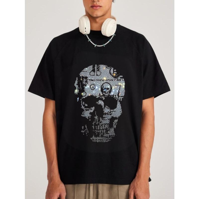 Čierne tričko s potlačou lebky, galaxie a DJ elementov. Ležérne Streetwear pre mužov a ženy.