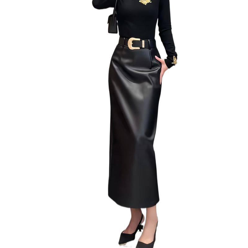 2025 Women's Elegant High-Waisted Black Leather Skirt - Versatile Luxury Winter Fashion