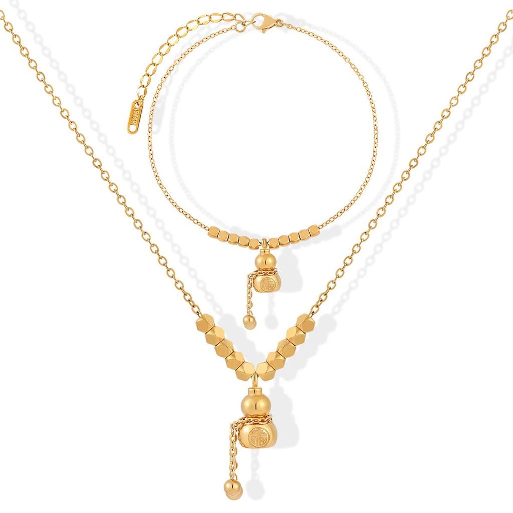 Elegant Geometric Fu Character Gourd Necklace & Anklet Jewelry Set in Titanium Steel