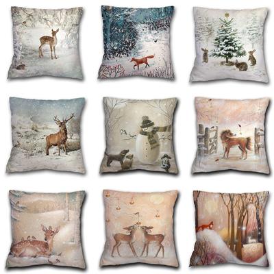 Christmas Forest Photo Pillowcase Christmas Deer Snow Forest Picture Cushion Cover Sofa Decoration Pillowcase