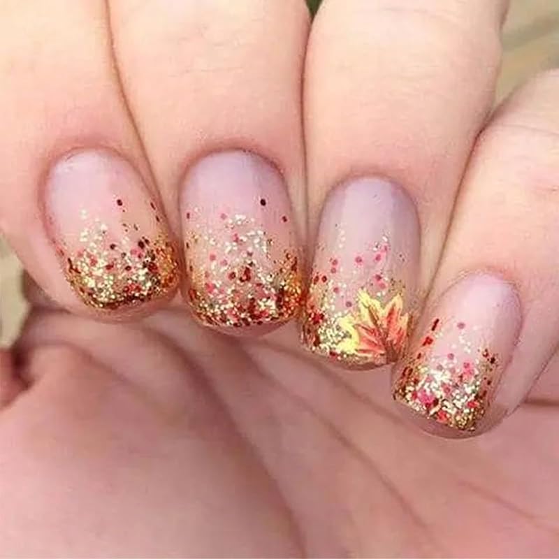 Maple Leaf Press on Nails Fall Leaves Stick on Fingernails Thanksgiving Short Square False Nails 24Pcs Glossy Silver Glitter Acrylic Fake Nail Autumn