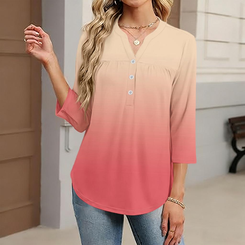Women's Fashionable Casual Color Block Gradient Print V-Neck Button Three-Quarter Sleeve T-Shirt Top