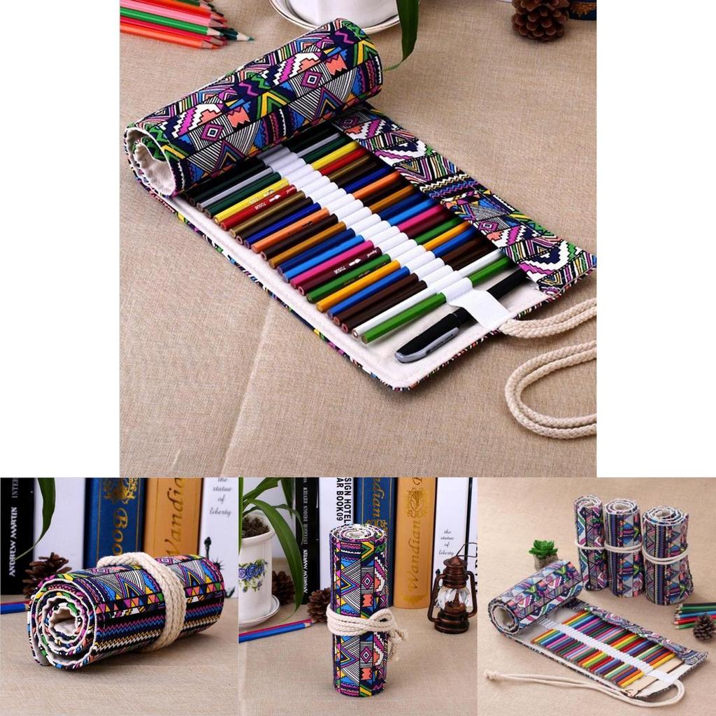 Ethnic Style Colored Geometric Pattern Pencil Canvas Storage Bag For Artists And Students