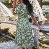 Damen Boho-Kleider, Blumendruck, kurzärmelig, V-Ausschnitt, lässig, hohe Taille, Strand-Maxikleid