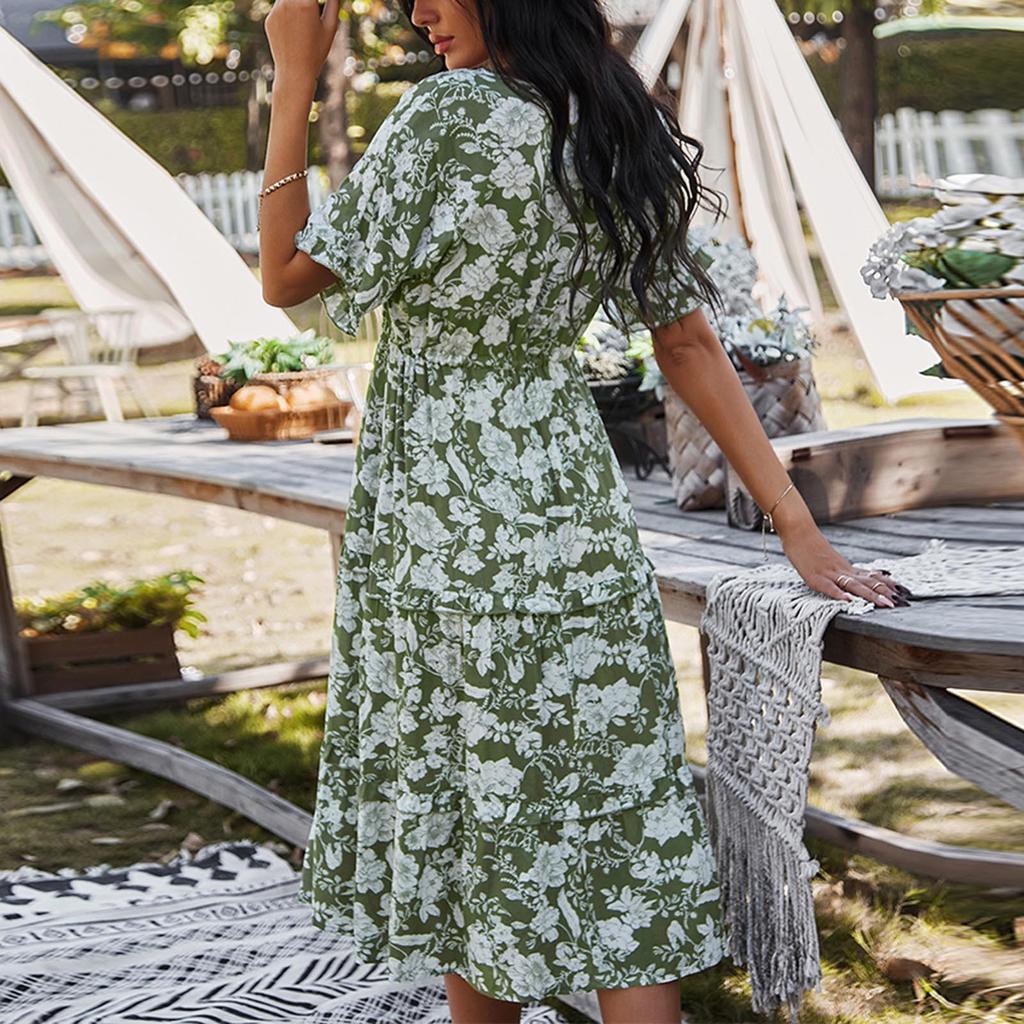 Damen Boho-Kleider, Blumendruck, kurzärmelig, V-Ausschnitt, lässig, hohe Taille, Strand-Maxikleid