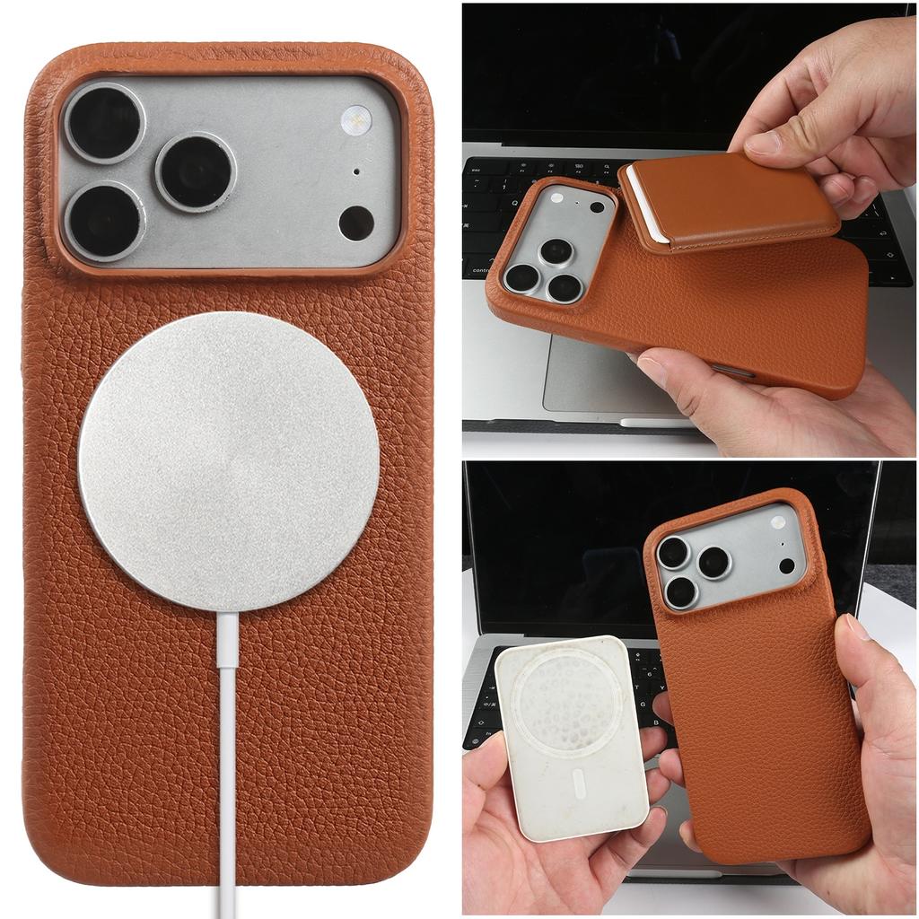 Litchi Genuine Leather Case for IPhone 17 Pro Max 18Pro 16 15 14 13 12 for Magsafe Luxury Genuine Leather Handmade Phone Cover