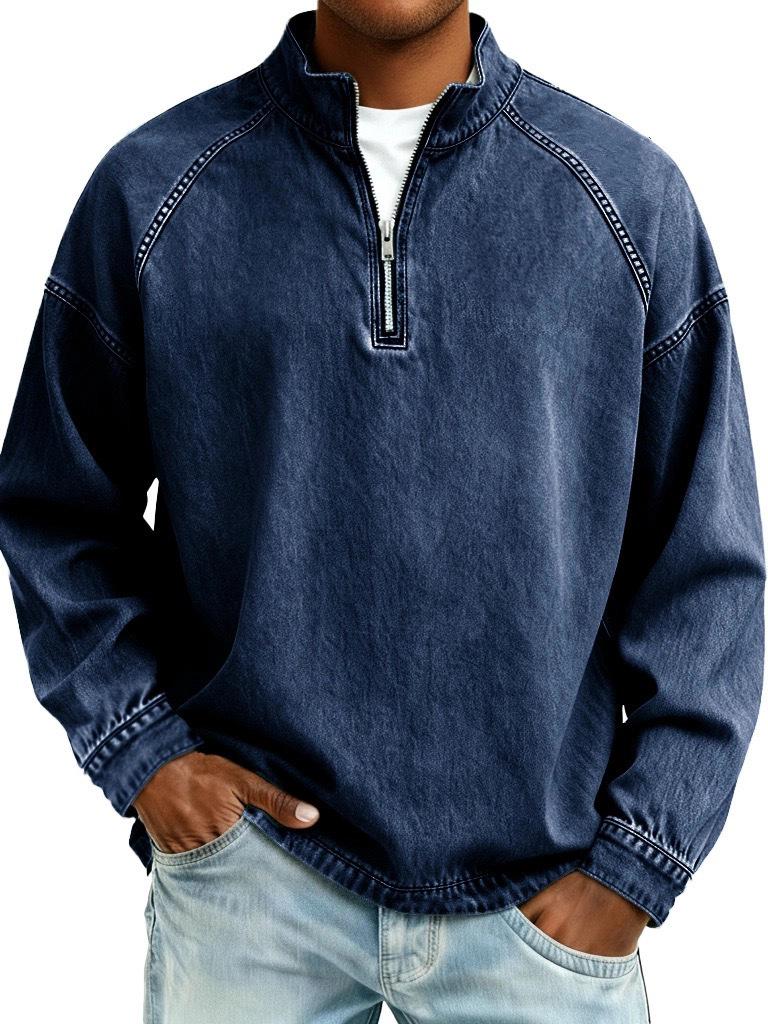 2025 Autumn/Winter Men's Long Sleeve Half-Zip Distressed Denim Hoodie