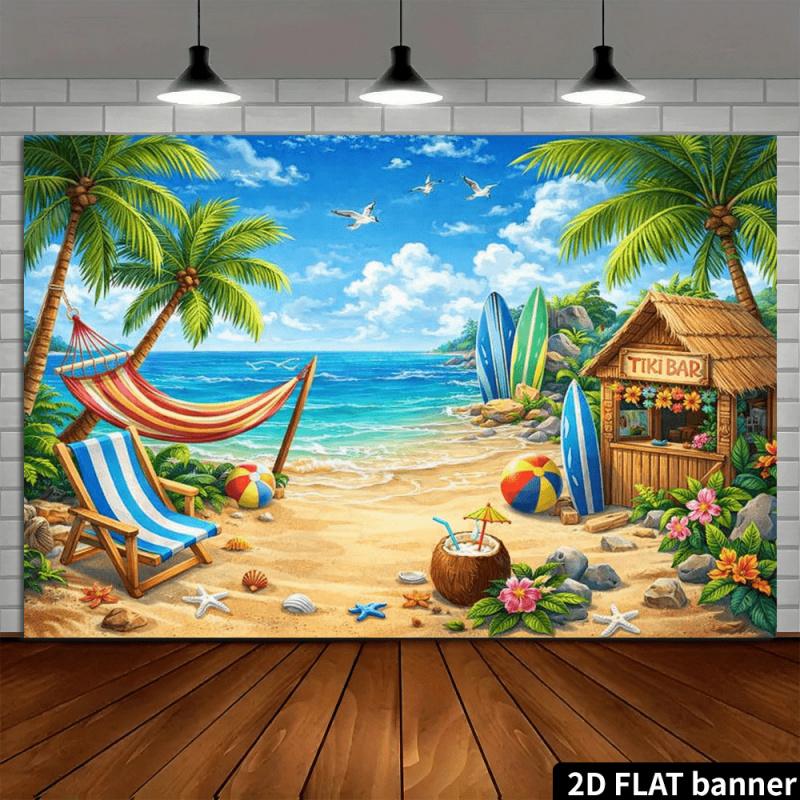 1pc, 2D Flat, Tropical Beach Scenery Banner, Waves Gently Lapping the Sand, Hammocks and Surfboards Adding a Relaxed Atmosphere,