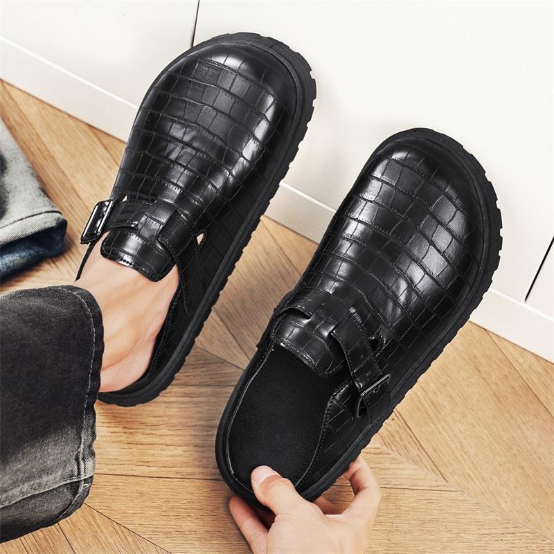 Black Platform Mules Mens Backless Loafers Slippers Thick Bottom Half Shoes For Men Closed Toe Sandals Semi-Drag Casual Shoes
