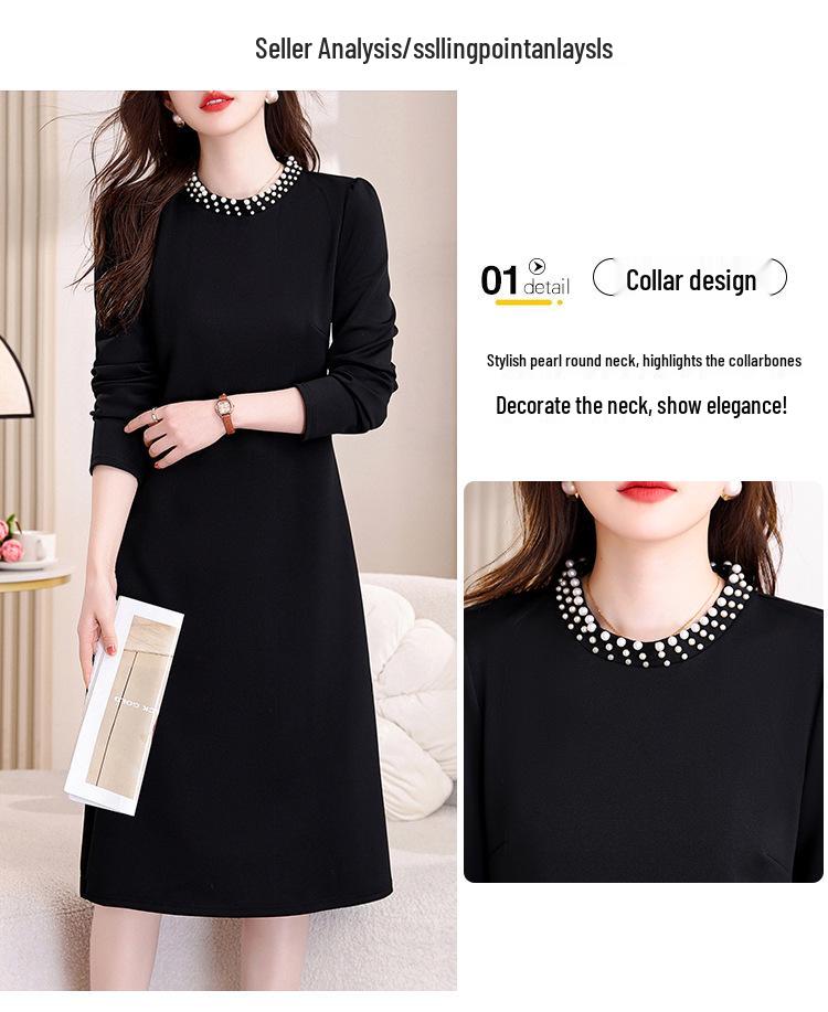 Hepburn Style Women's Elegant Black Midi Dress - Versatile Long Sleeve for Spring/Autumn 2026