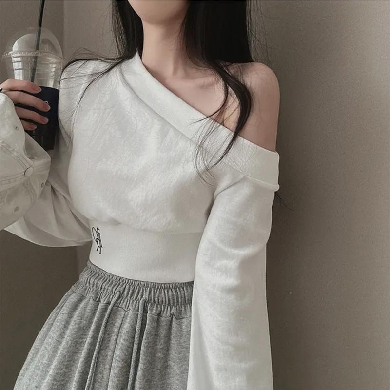 Harajuku Kvinnor Oregelbundna Off Shoulder Huvtröjor Långärmade Sexiga Magtoppar Y2k Streetwear Pullovers Sweatshirt 2024 Höst Vinter