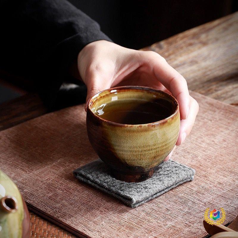 Coarse Pottery Wood-Fired Ceramic Tea Tasting Cup - Retro Single Gongfu Tea Bowl.