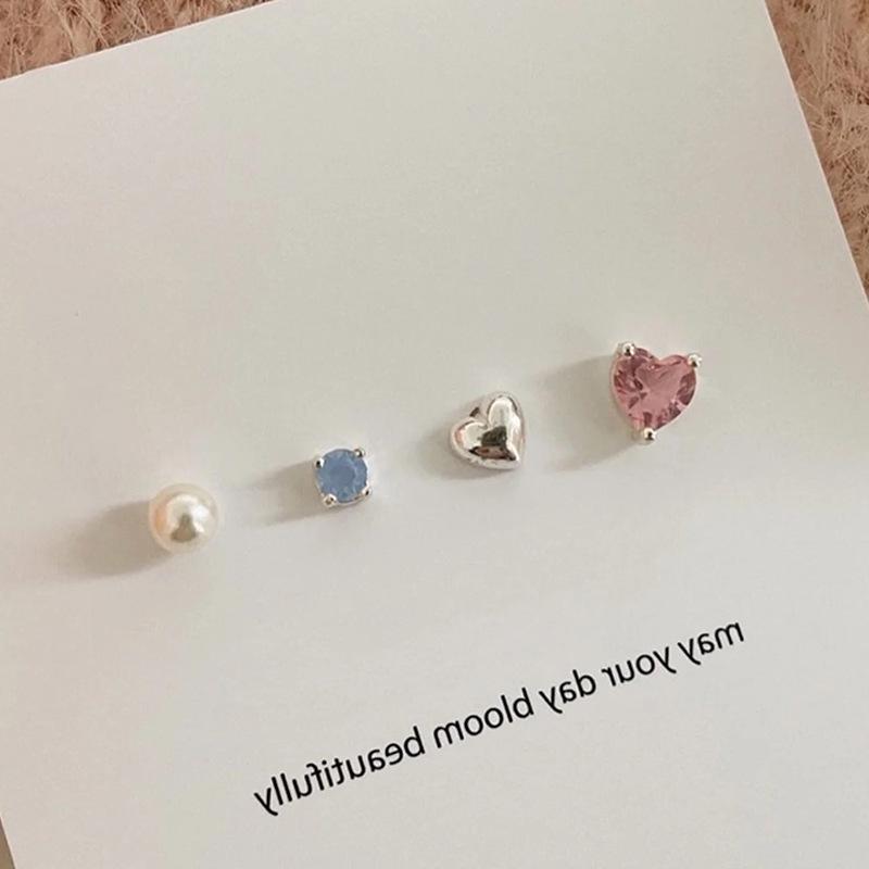 Korean Style Colored Diamond Heart Pearl Stud Earrings - Versatile, Simple & Elegant Accessories for Women.