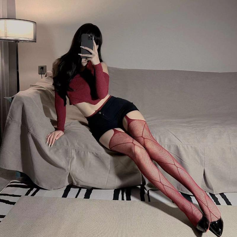 

Женские сексуальные кружевные сетчатые чулки с высокой талией, винтажные чулки без ластовицы в стиле Лолиты, сексуальные кружевные сетчатые колготки с подвязками One Size вино красного