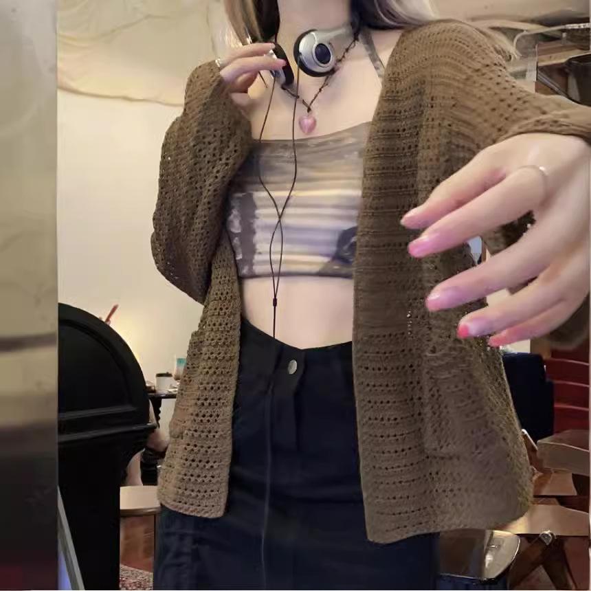 Summer women's thin hollow pocket knitted cardigan outer wear design sense niche hot girl sunscreen shawl top coat