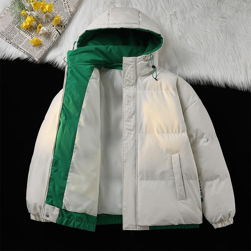 Thickened cotton jacket men's youth winter warm short cotton jacket matchwork couple style hooded padded jacket trendy cotton clothes