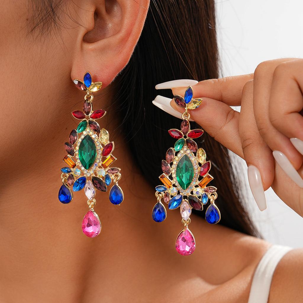 Court Style Diamond-set Flower Water Drop Silver Needle Earrings Fashionable and Exquisite Earrings