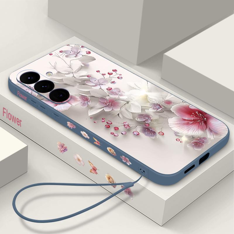 Soft TPU Case For Samsung Galaxy S25 S24 S21 FE S24 S22 S23 Ultra S22 Plus S25 Edge Pink Flowers Patterned Lanyard Phone Cover