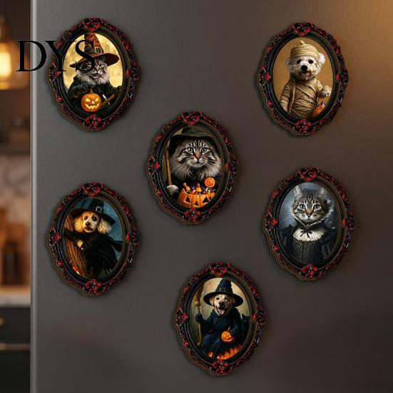 Wooden Animal Frame Ornament Halloween Pet Photo Decoration, with Adhesive Dot, Witch Hat Cat Dog Holiday Decoration Decor, Retro for Home Office