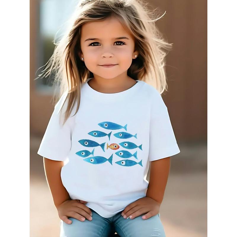 Girls Crewneck Short Sleeve T-Shirt, All Over Fish Print 110
