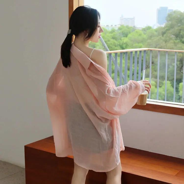 White Transparent Chiffon Blouse Chic Women Summer Oversize Puff Long Sleeve Shirt Korean Style Cardigan Basic Sheer Top