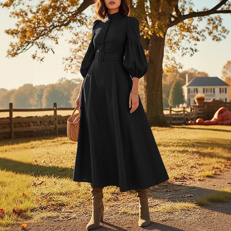 ZANZEA Damenmode Stehkragen 3/4-Ärmel Elegant Lässig A-Linien-Kleid