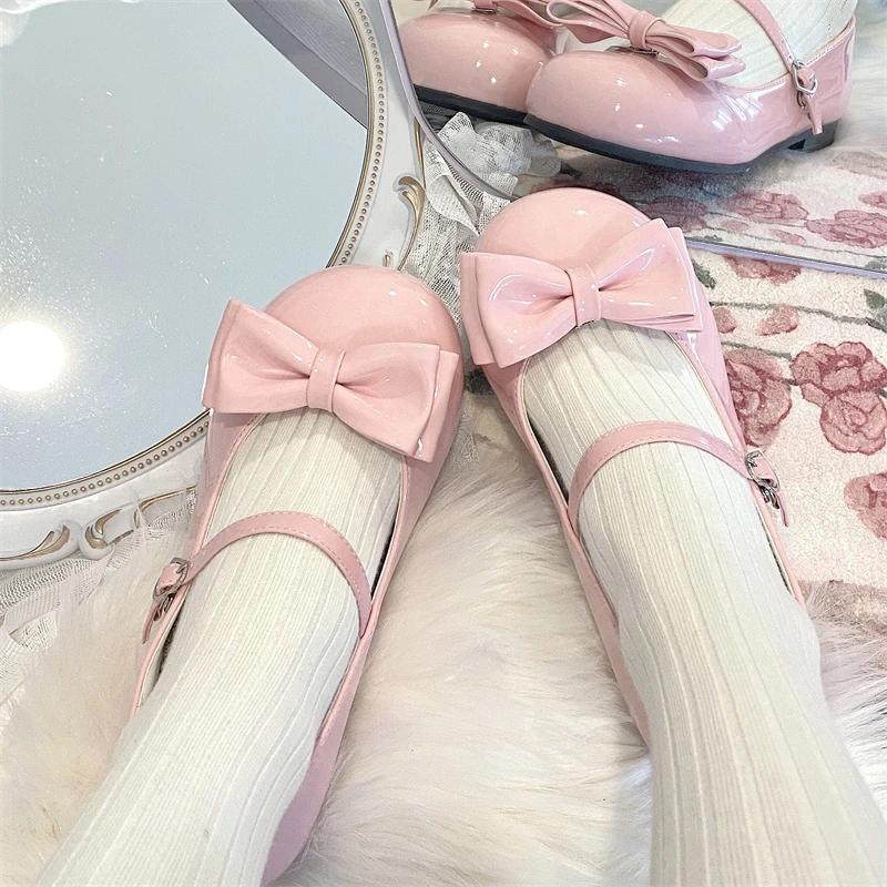 Fashion Sweet Cute Bow Low Heel 1cm Flats Round Head Shoes Lolitas for Girls Harajuku Jk Uniform Shoes