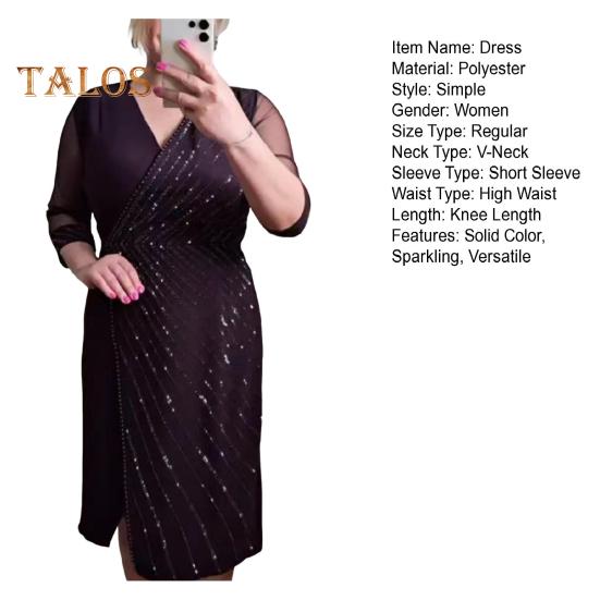 Dámské ležérní šaty s výstřihem do V, krátkým rukávem a těsným pasem po kolena, flitrované zdobení, jednobarevné šaty