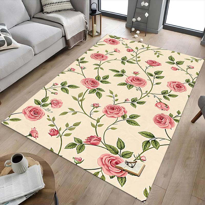 1 Stück Rose Floral rutschfester Boden Teppich Kompatibel für Büro & Wohnzimmer & Schlafzimmer & Esszimmer - Flach- Weich & Muster, Lebendige Farben-W298