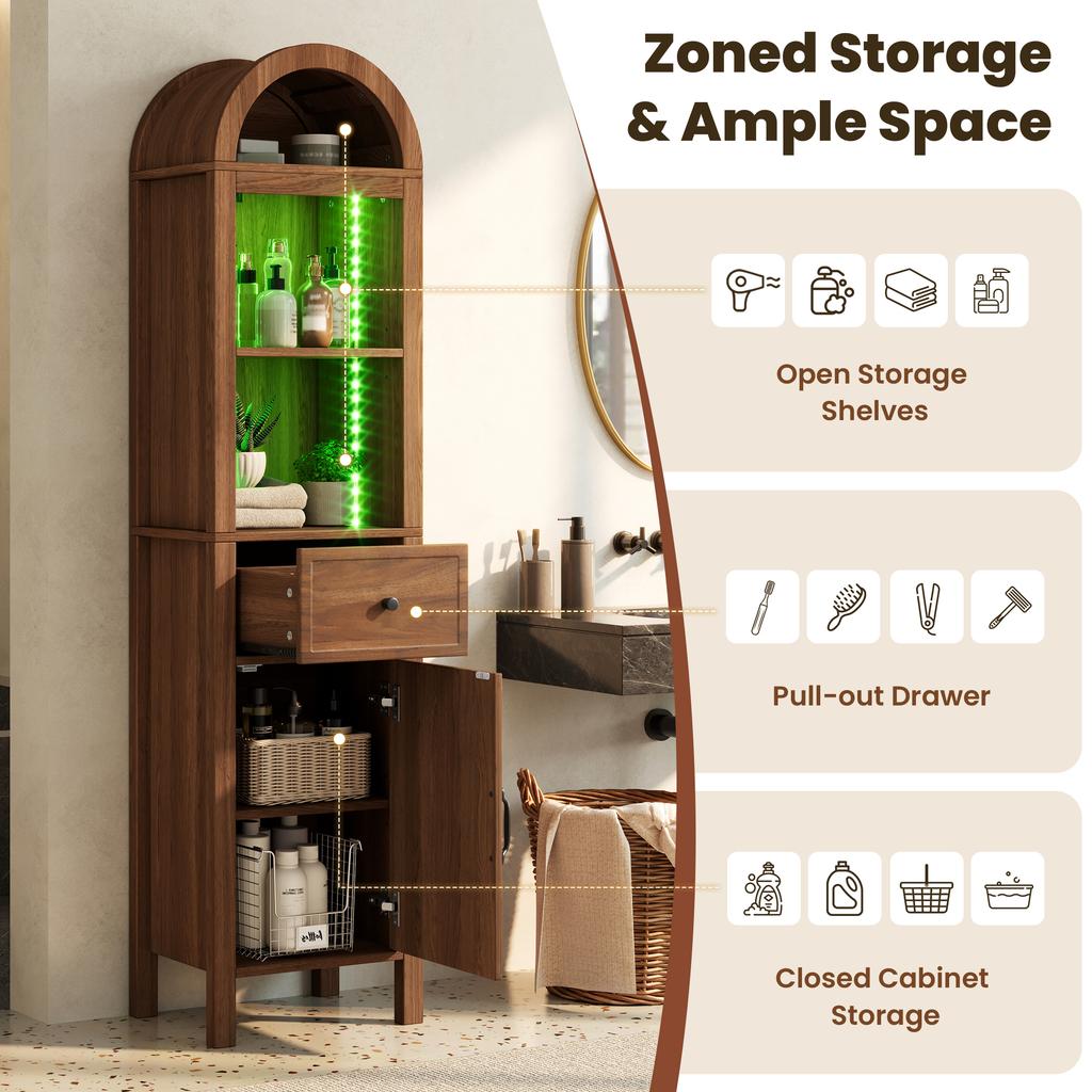 Tall Freestanding Bathroom Cabinet, Arched Top, LED, Reversible Door, Drawer, Magnetic Closure, Soft-Close Hinges, 40×30×163 cm, Walnut Color