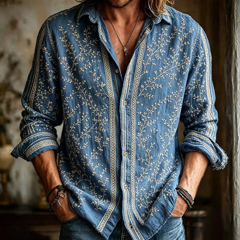 Camisa de Manga Larga para Hombre con Estampado 3D de Vid Bohemio Ropa Casual Suelta de Arte Retro