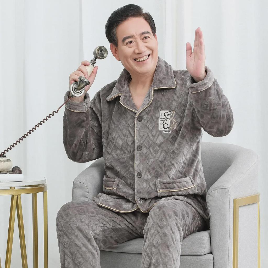 2024 Men's Autumn/Winter Plus Velvet Thickened Long Sleeve Warm Coral Fleece Flannel Pajama Set