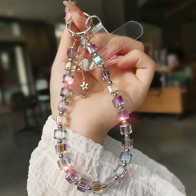 Square Starburst Electroplated Alloy PVC Phone Charm Light-Luxury Crystal Beaded Phone Strap for Women Handbag Pendant Keychain