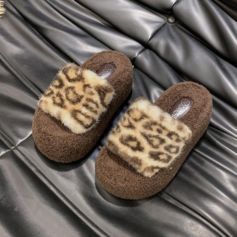 Leopard Print Fluffy Slippers Women's 2025 Autumn and Winter New Fashion Slippers Can Be Worn Outside European and American Style Wild Animal Patt