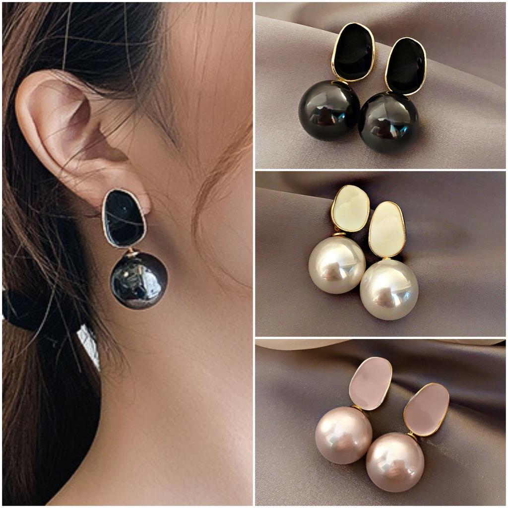 Trend Big Imitation Pearl Dangle Earrings Women Irregular Geometric Oval Drop Earrings for Women Enamel Oil Black Pink Zircon