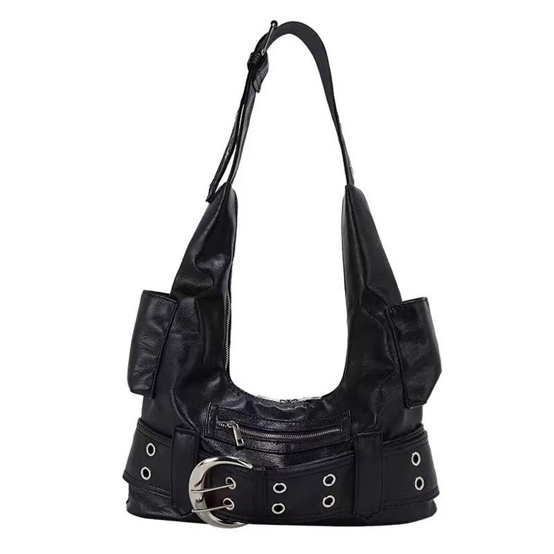 New large-capacity tote bag, retro Spice Girl style fashion shoulder bag, black locomotive bag, commuter bag.