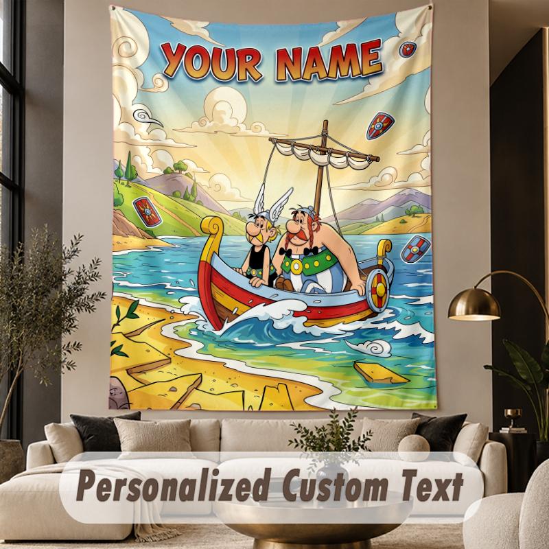 Custom Text Printed Tapestry Asterix & Obelix Pattern Large Wall Hanging Indoor Room Decor