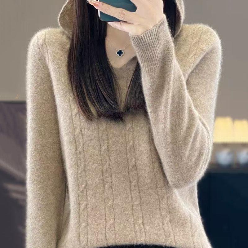 2026 Autumn/Winter Women's Hooded Knit Cashmere Hoodie - Soft & Fluffy Base Layer, Red New Year Edition