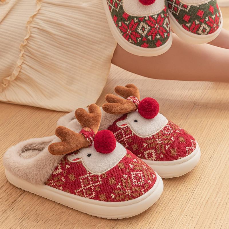 Fashion Cute Cartoon Christmas Deer Cotton Slippers For Women Men Home Floor Shoes Soft Plush Anti-slip Couples House Bedroom Slipper