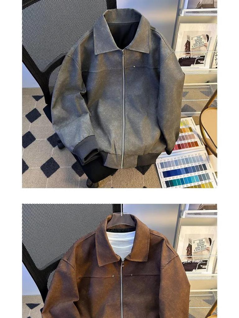 Men's Trendy Retro Brown Leather Baseball Jacket - Suede, Short, Roguish Style for Spring/Autumn