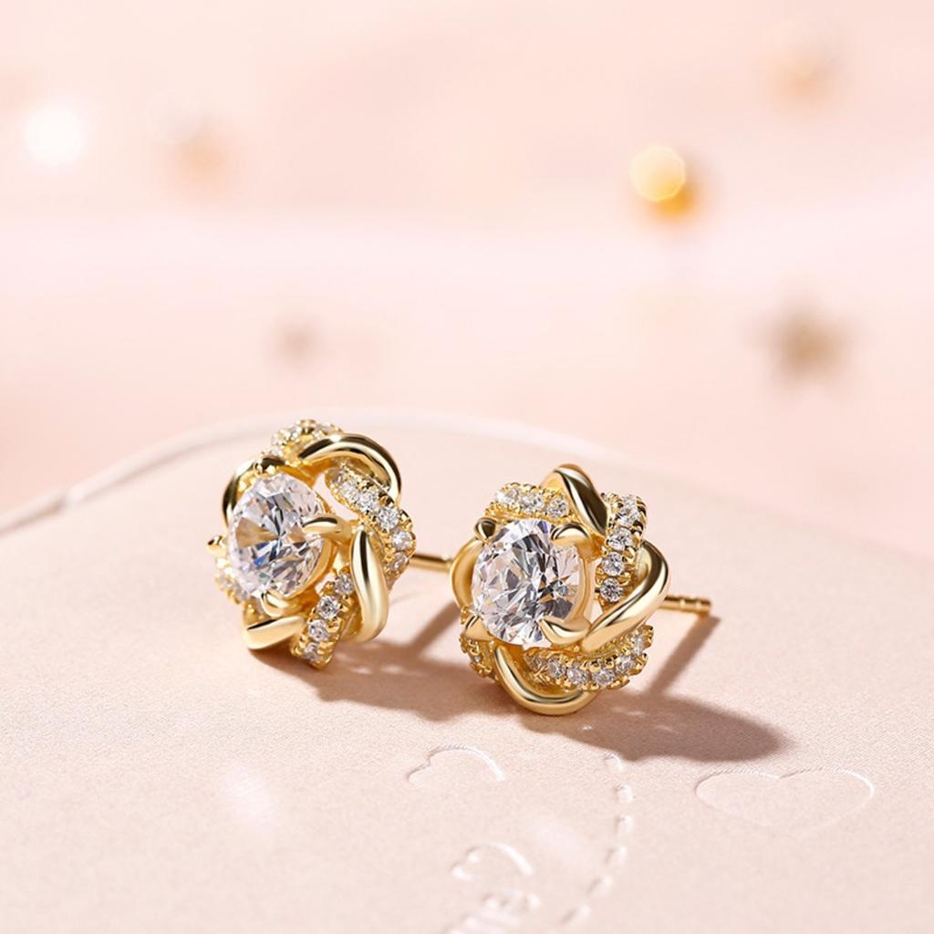 Four Leaf Clover Floral Halo Round Cubic Zirconia Stud Earrings Vintage French Elegant Women Ear Jewelry