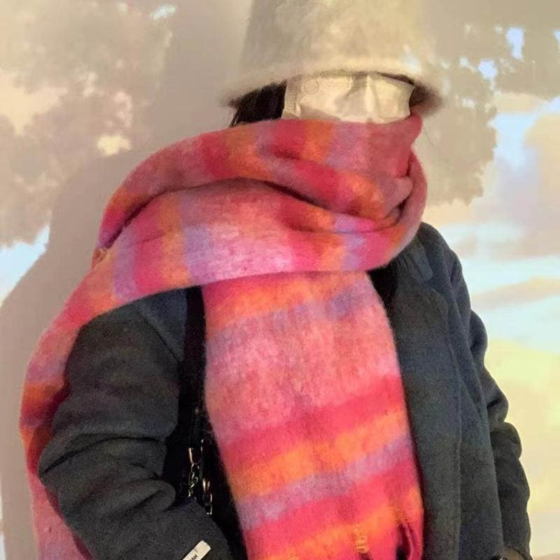 Trendy Stripete Tykt Skjerf med Frynser Tykt Kuldebeskyttende Rutete Store Skjerf Klassisk Vindtett Sjal For Kvinner Høst & Vinter