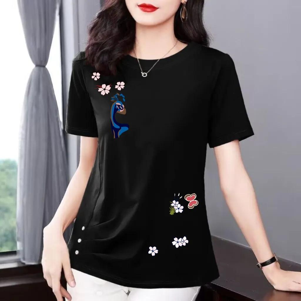 Women's Summer Korean Version Loose Slimming Round Neck Irregular Top Pure Cotton Short Sleeved Slim Fit T-shirt