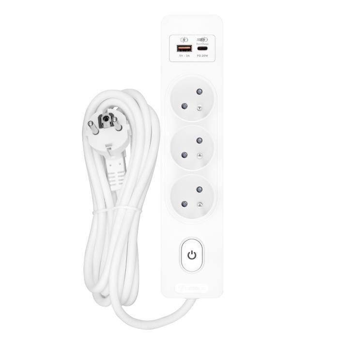 Multiprise SELDUR G3FH22B, 3 prises type E+ interrupteur, USB A+C charge rapide 20W, Blanc, câble 2m