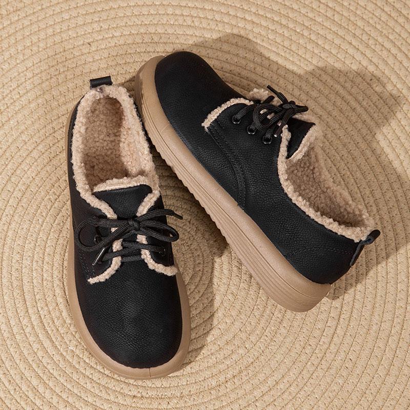 New Genuine Leather Shoes for Women Lace-up Platform Casual Shoes Winter Plush Flat Heel Women's Boots Zapatos De Mujer WSH5236