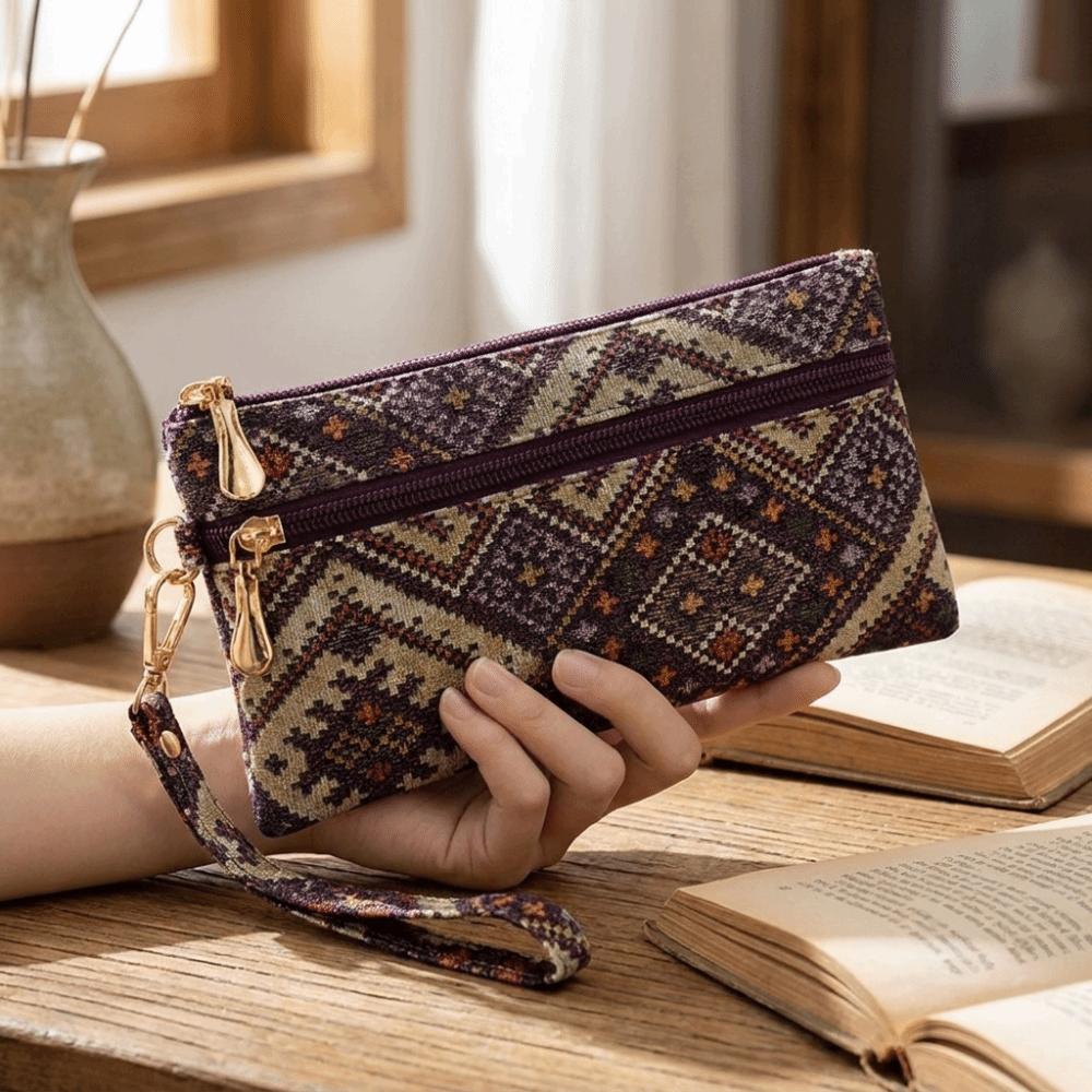 Double Zipper Ethnic Style Clutch Purse Polyester Wristlet Wallet Bohemian Long Wallet Women