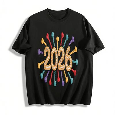 2026 New Year Knit Style Number Print Casual Top Pure Cotton T-shirt
